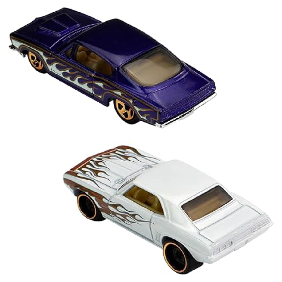 Two toy cars with flame design on a white background