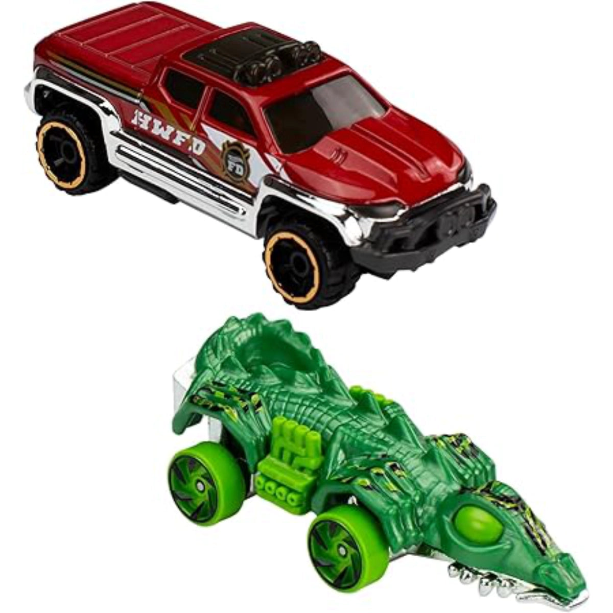 Red toy truck and green toy alligator on a white background