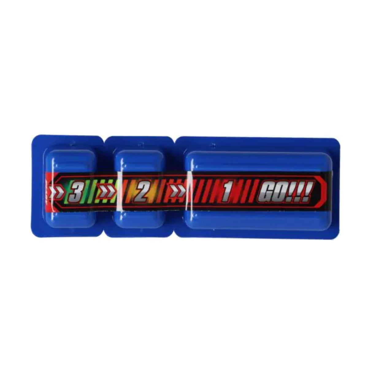 Blue plastic race car starting block with numbered sections on a white background