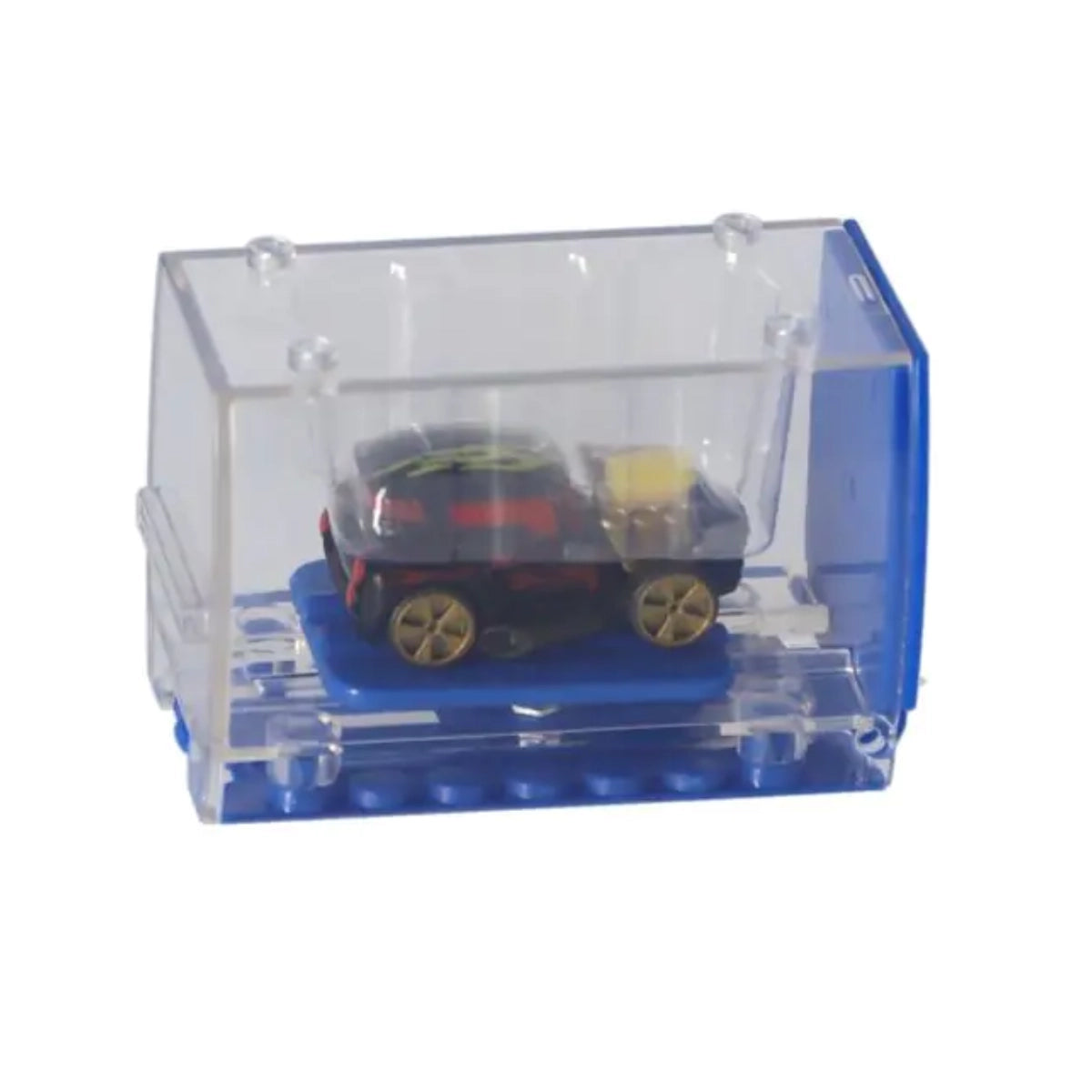 Toy car inside a clear plastic display case on a white background