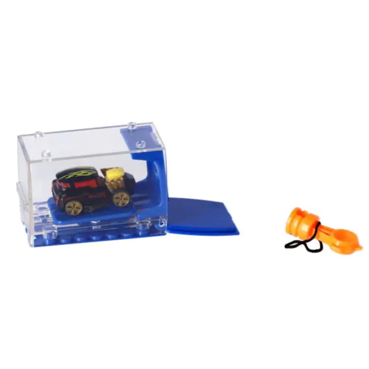 Toy car in a clear plastic case with an orange toy boat on a white background