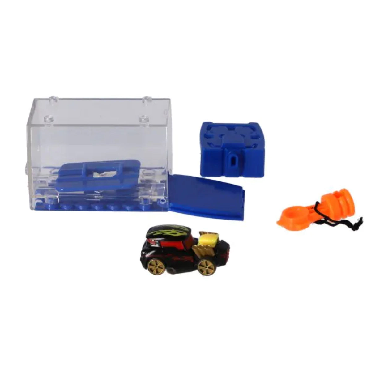 Toy car with accessories on a white background