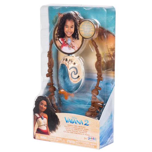 Toy packaging featuring a character from Disney's Moana with a light-up shell necklace.