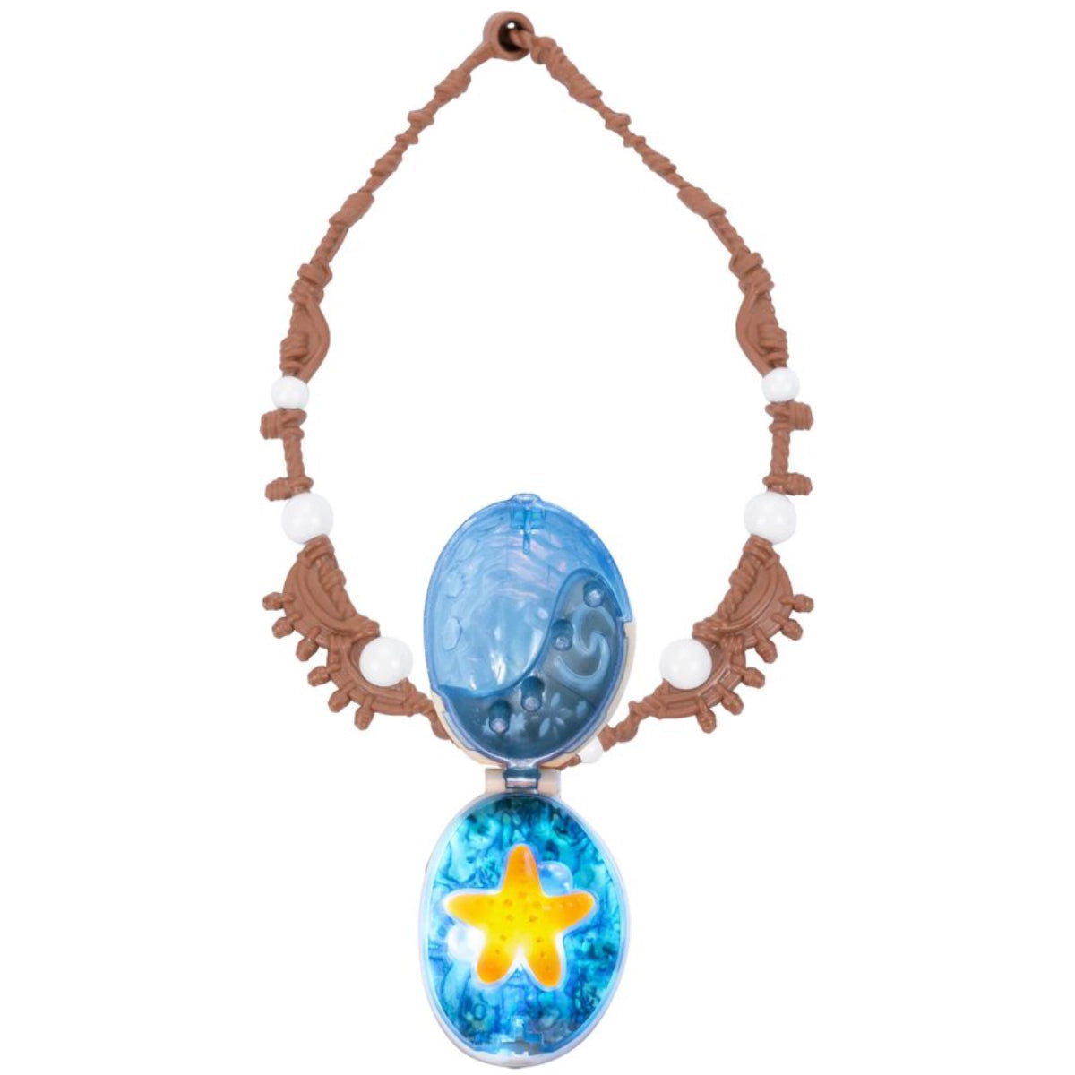 Necklace with blue and yellow starfish design on a white background