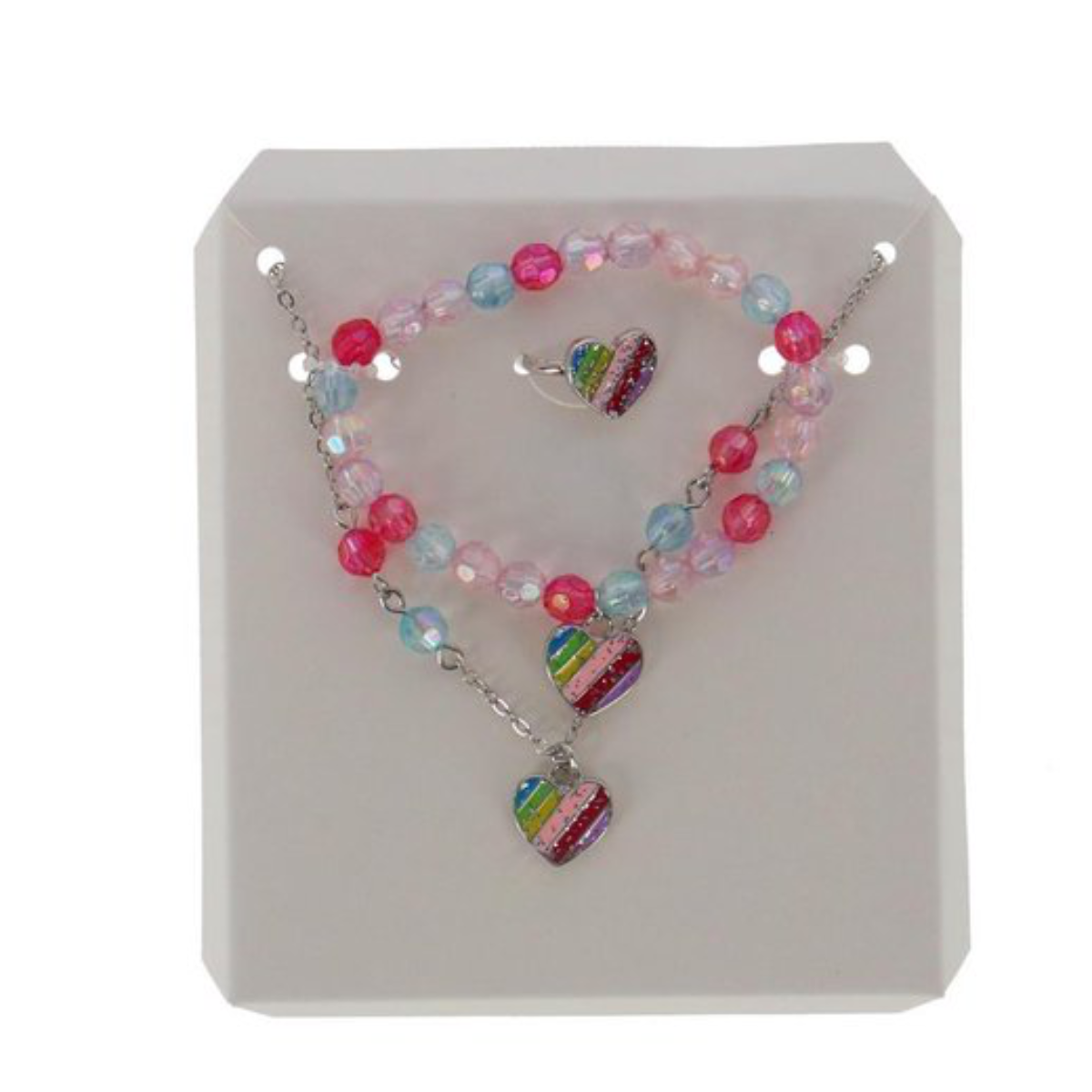 Colorful beaded necklace with heart-shaped rainbow charm on a white background