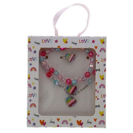 Children's jewelry set with necklace, bracelet, and ring in a 'Happy Love' themed box.