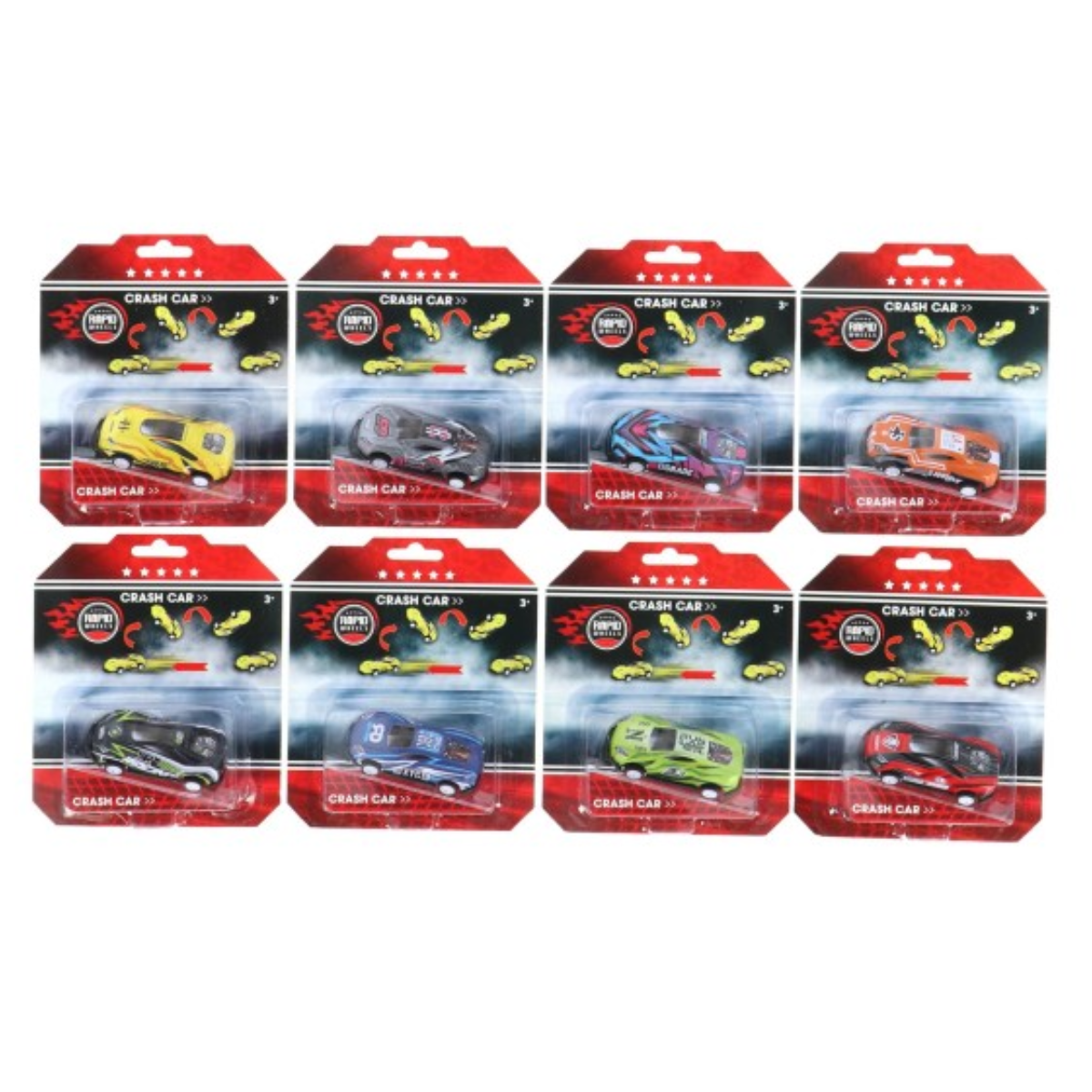 Packaging of toy cars with red and black design on a white background