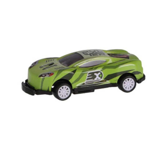 Green toy car with black accents on a white background