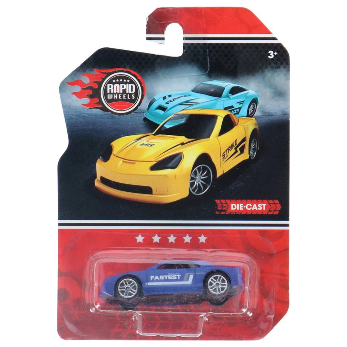 Yellow toy car in packaging with 'Rapid Wheels' branding