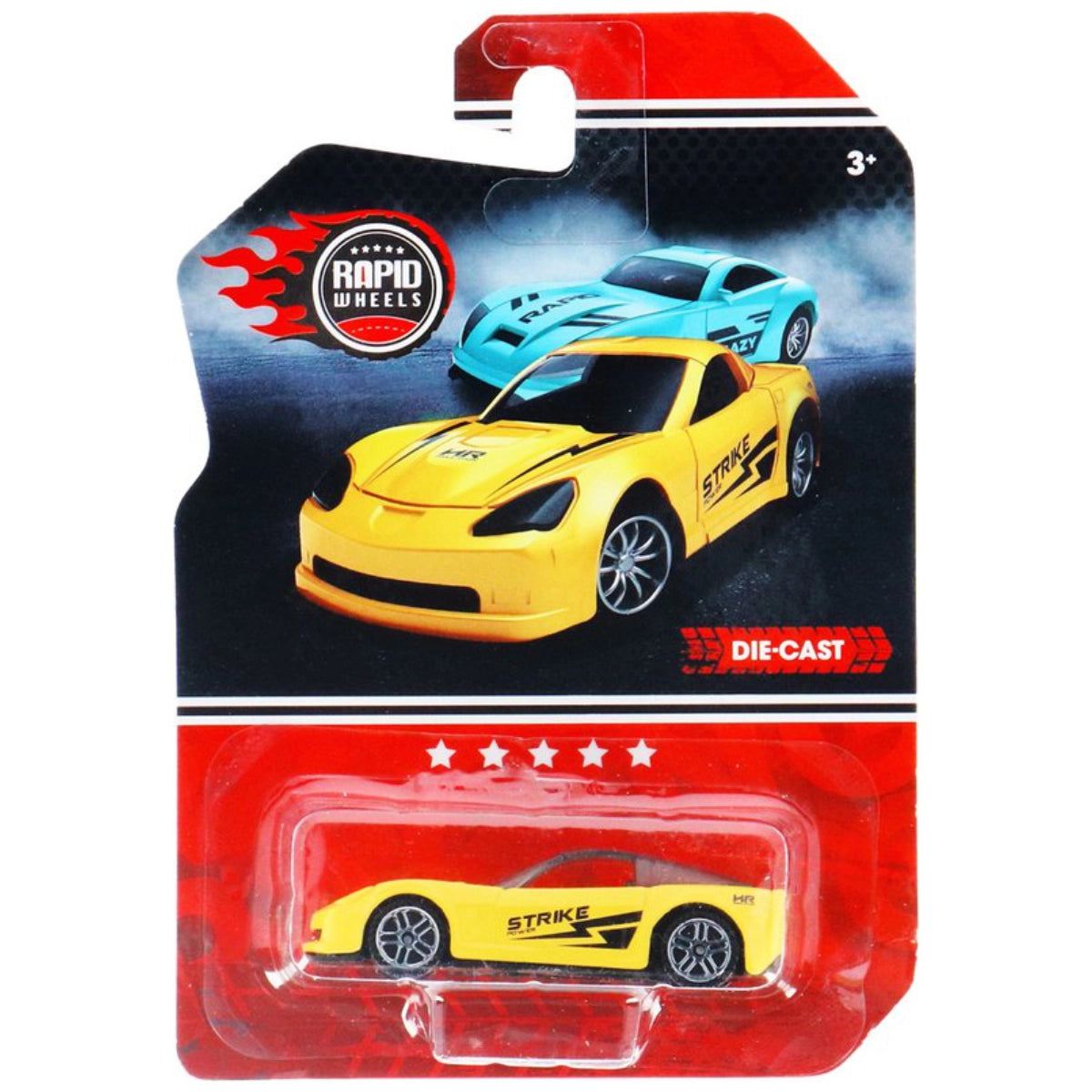 Yellow die-cast car in packaging with 'Rapid Wheels' branding