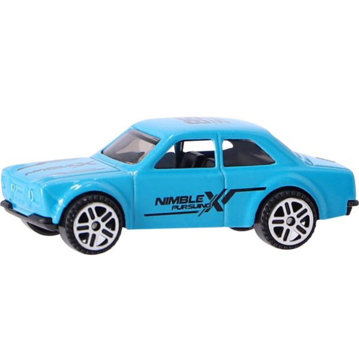 Blue toy car with 'Nimble Pursuing' branding on a white background