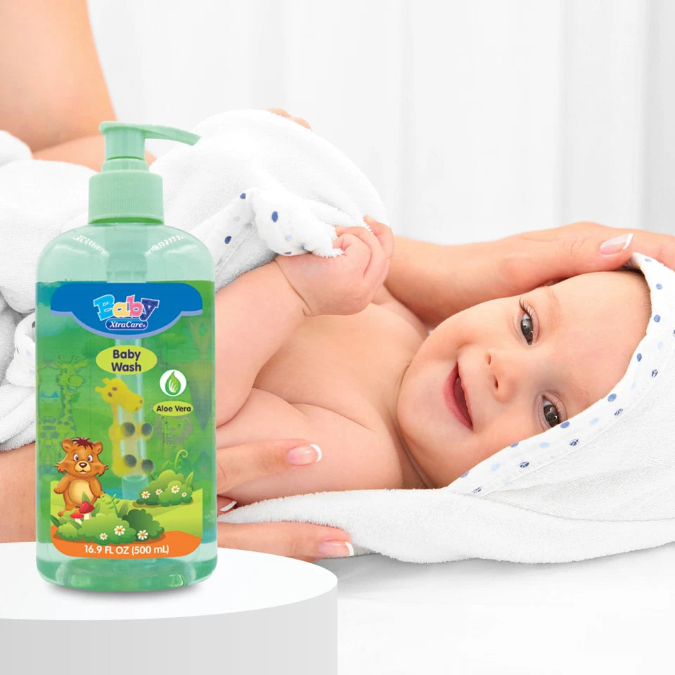 Baby wash bottle with a baby being held, on a white background