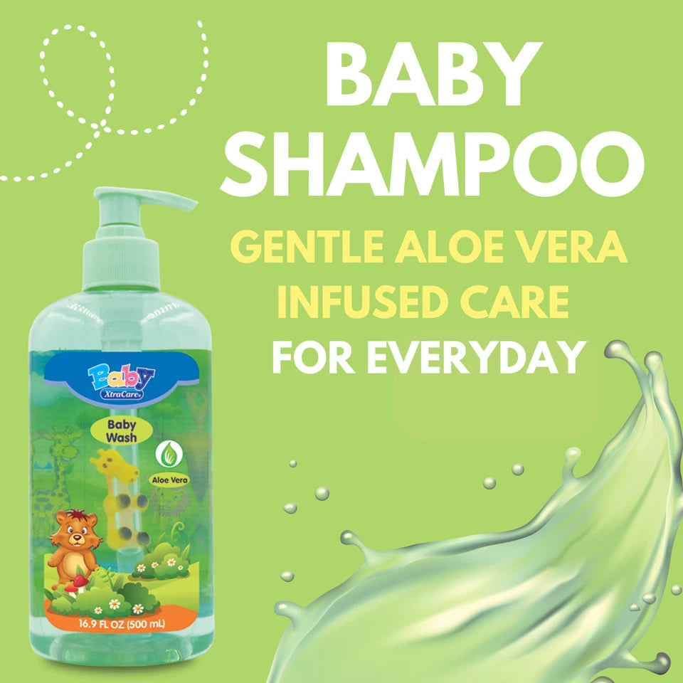 Baby shampoo bottle with aloe vera on a green background