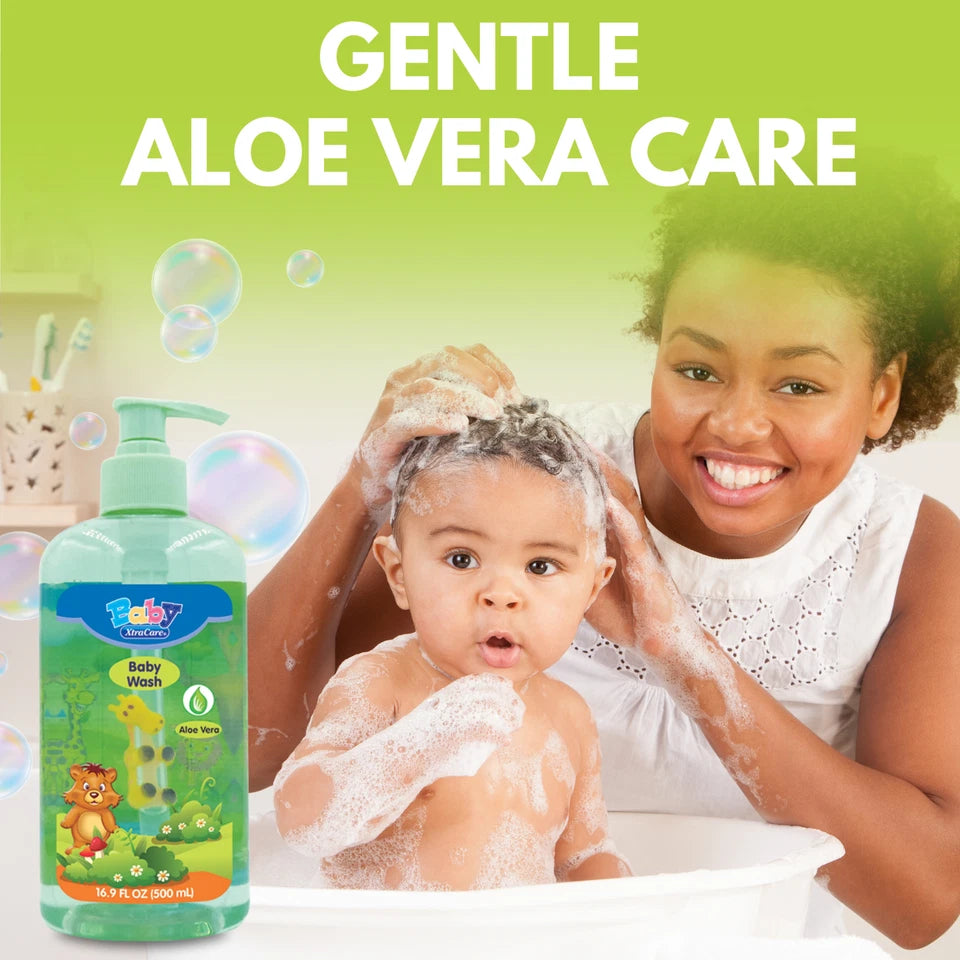 Baby being washed with a bottle of 'Baby Wash' labeled 'Gentle Aloe Vera Care' on a green background.