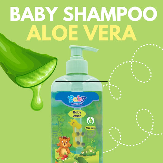 Baby shampoo bottle with aloe vera on a green background