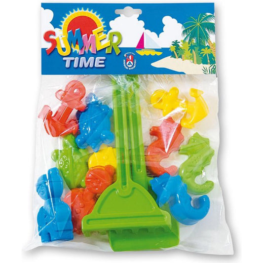 Packaged sand toys with colorful beach tools on a 'Summer Time' branded background
