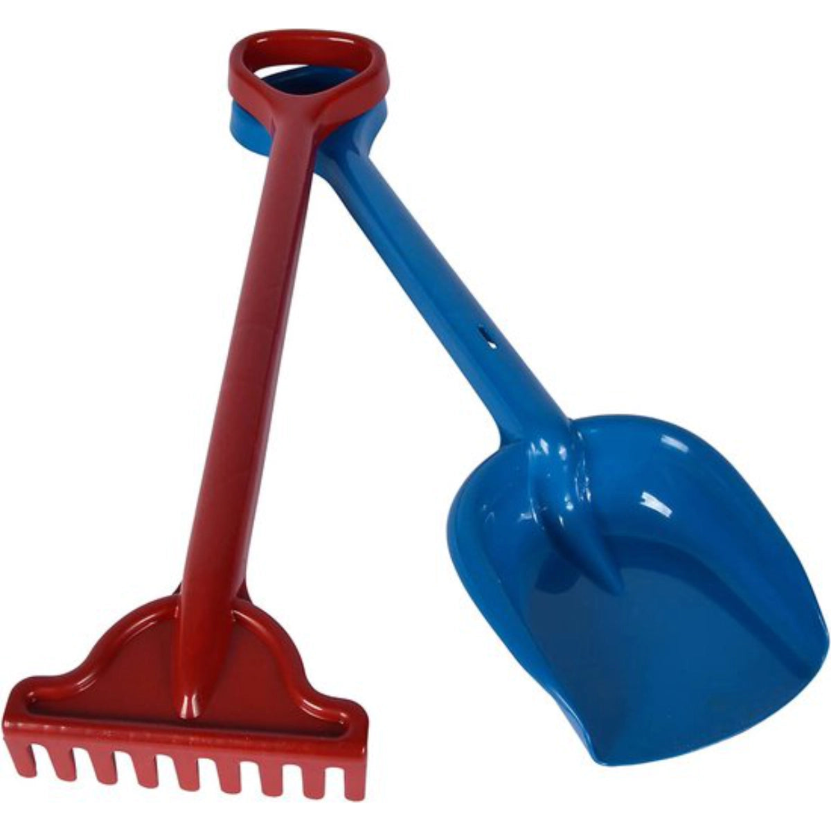 Red and blue sand shovel and rake set on a white background