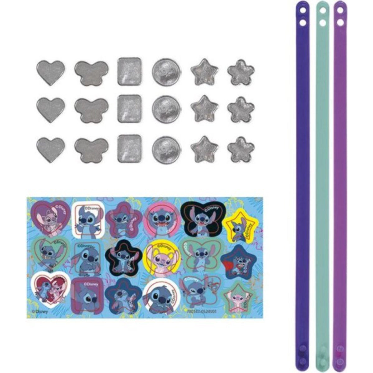 Collection of decorative items including metallic shapes, a blue strip with cartoon characters, and two ribbons.