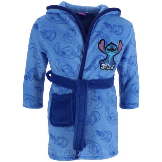 Blue robe with cartoon stitch character design on a white background