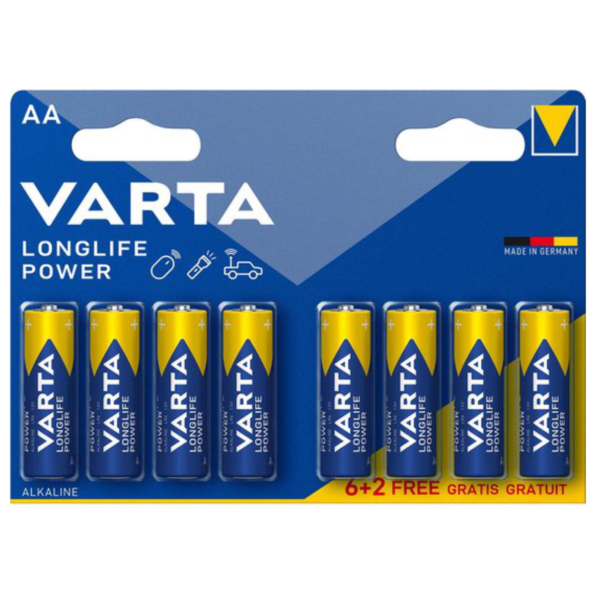 Varta Longlife Power batteries packaging with blue and yellow design 6+2 free
