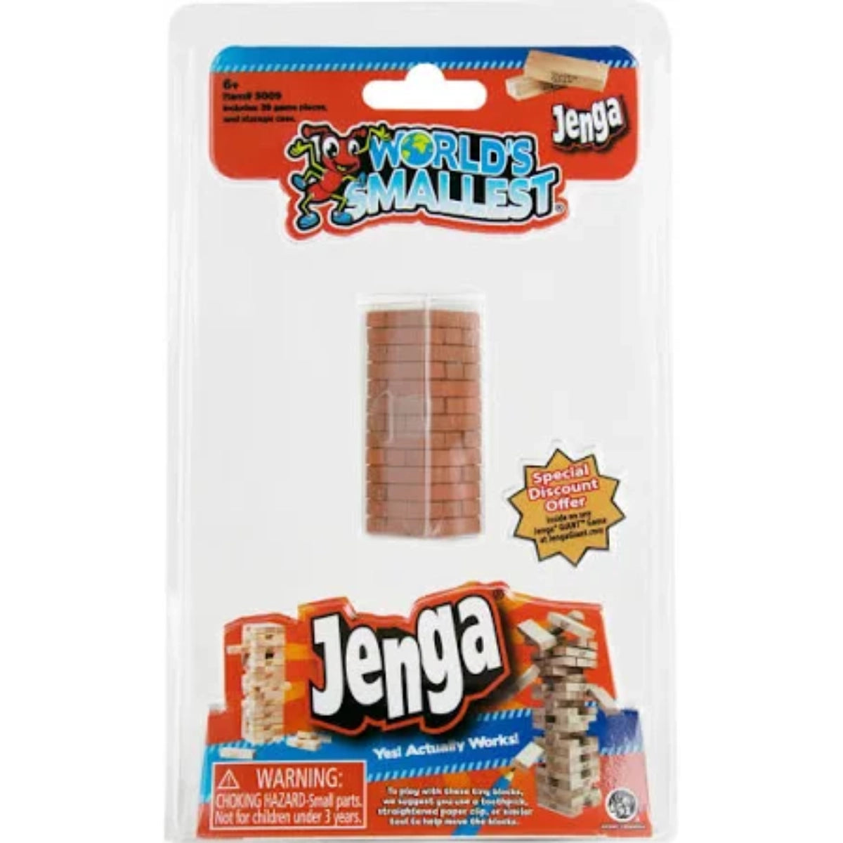 World's Smallest Jenga toy set in packaging with Jenga branding.