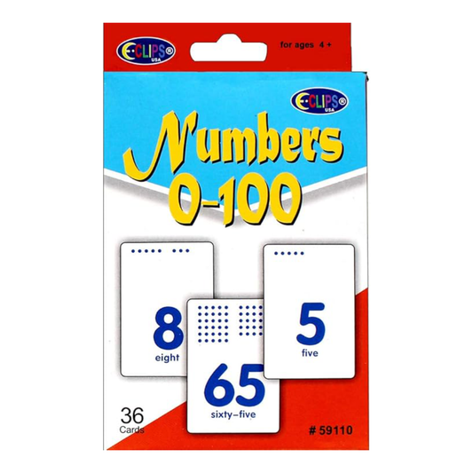 Packaging of 'Numbers 0-100' card set by Eclipse Games with two sample cards displayed.