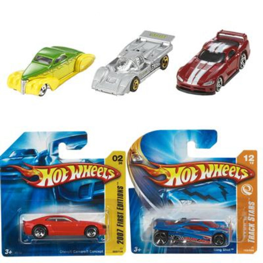 A set of Hot Wheels toy cars in various packages, featuring a green Corvette, a silver Ferrari, a red Dodge Charger, and a blue Camaro.