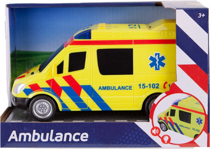 Model ambulance toy in packaging with visible branding and design elements.