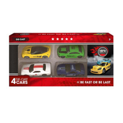 Box of 4 die-cast toy cars with a red and black design on a white background