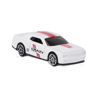 White toy car with red stripes and 'Crazy' text on a white background
