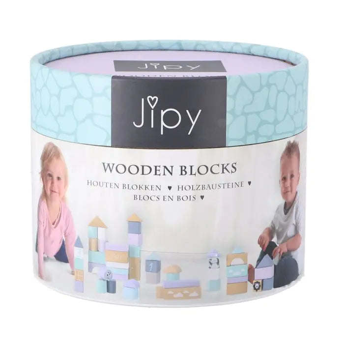 Jipy wooden blocks packaging with images of children playing and product illustration.
