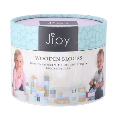 Jipy wooden blocks packaging with images of children playing and product illustration.