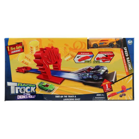 Toy racing track set with cars and launch ramp on a colorful box
