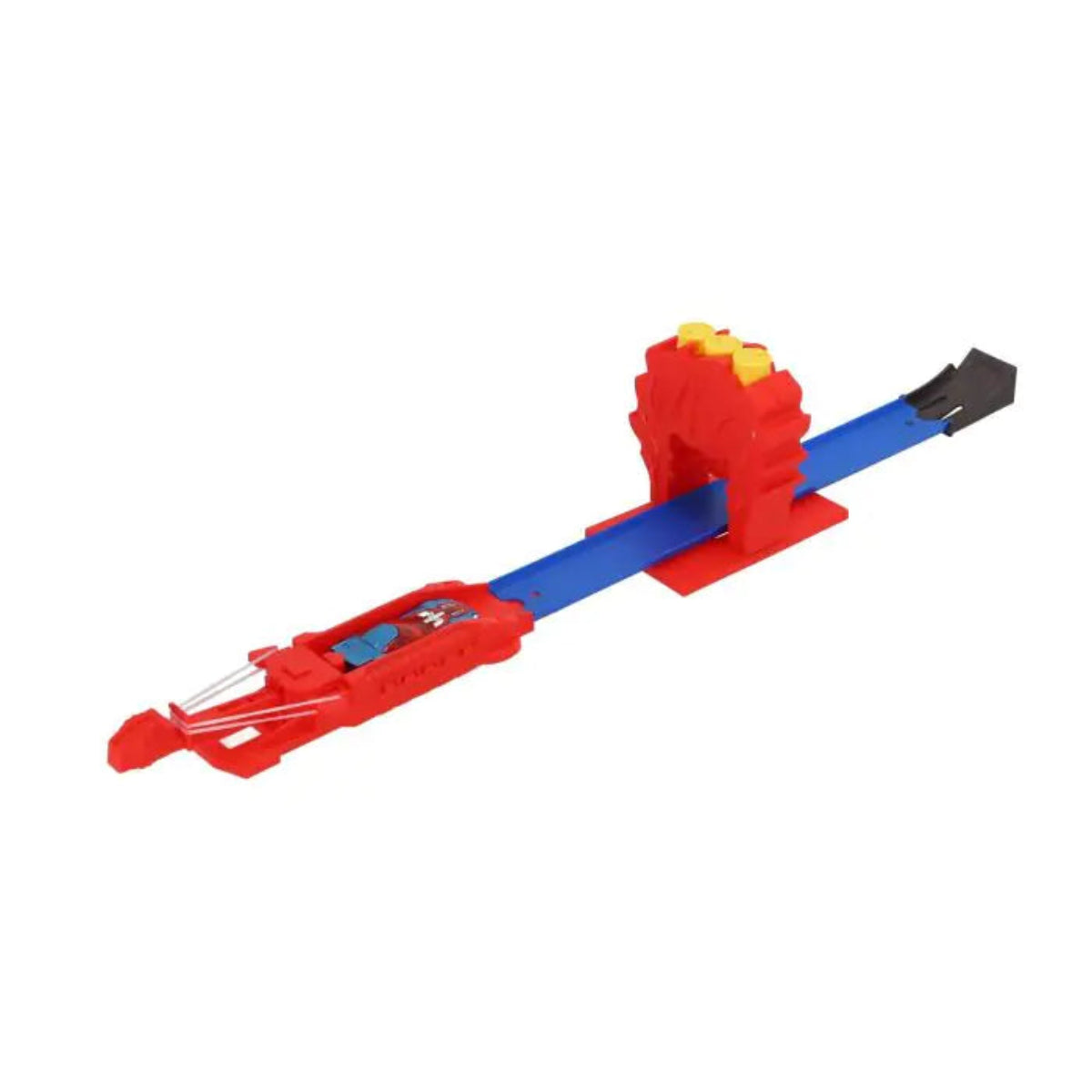 Toy track set with red and blue tracks and a red barrier on a white background