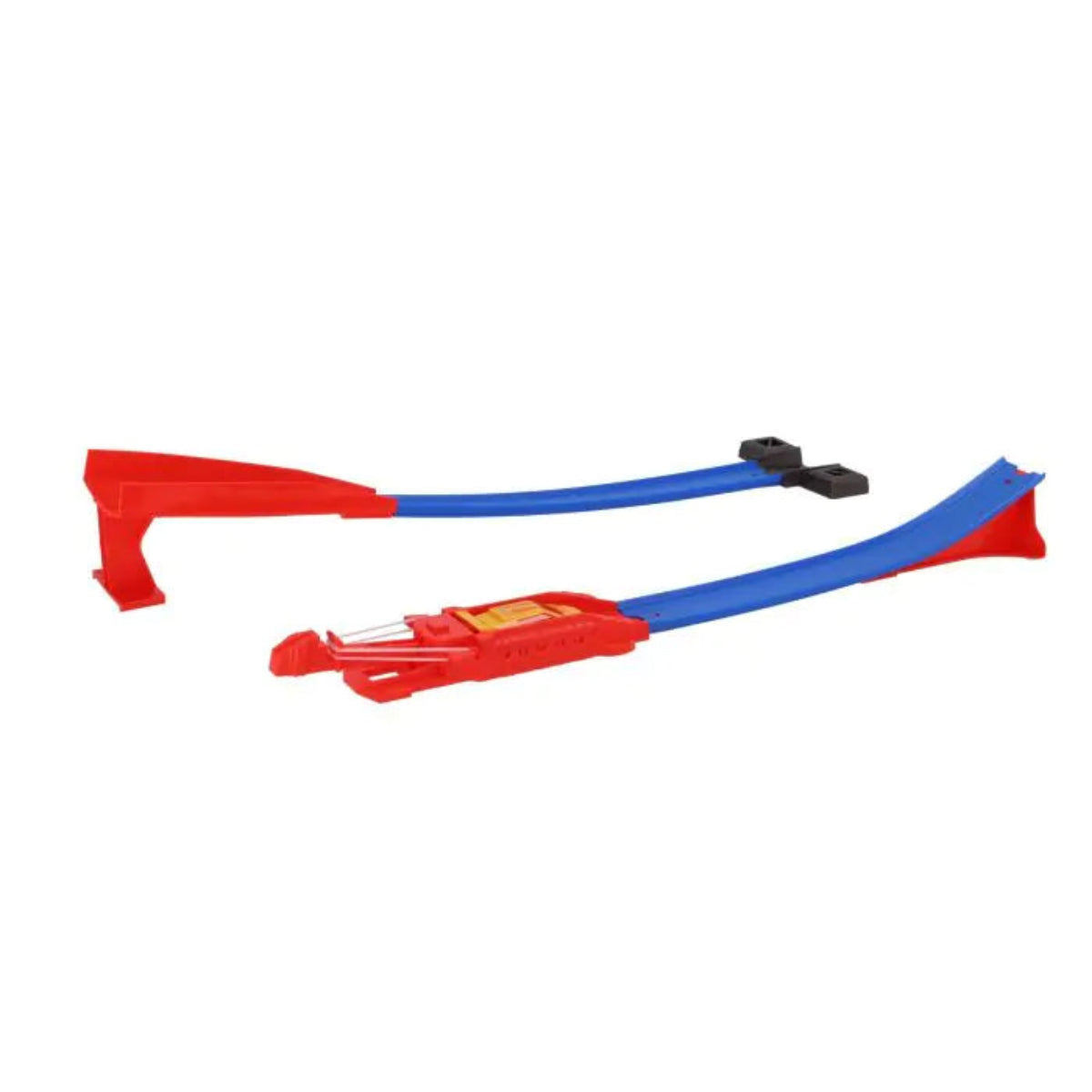 Red and blue toy track piece on a white background