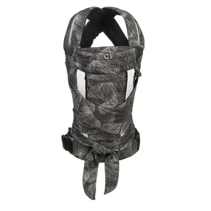 A black and white baby carrier with a buckled waistband and adjustable head support.