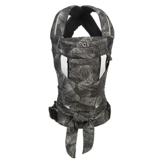 A black and white baby carrier with a buckled waistband and adjustable head support.