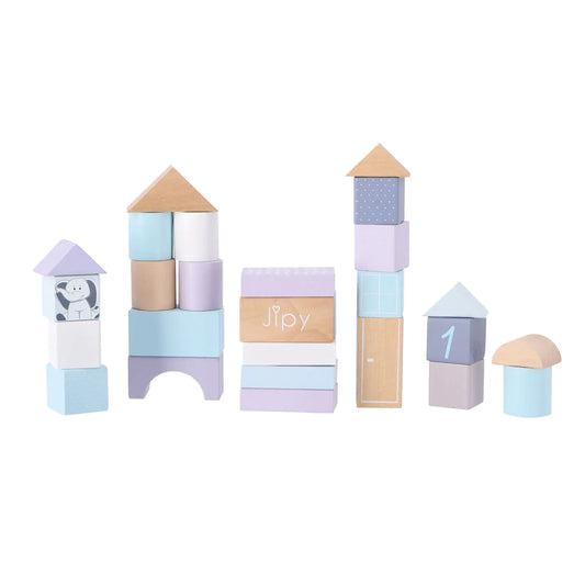 Set of colorful wooden blocks resembling a castle on a white background