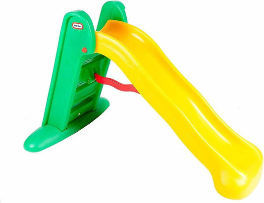 Yellow slide with green support structure on a white background