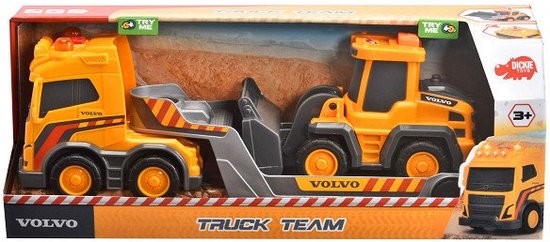 Toy Volvo truck set in packaging with 'Volvo' branding.