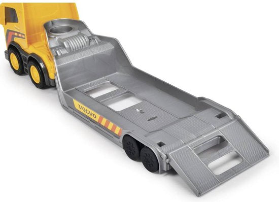 Toy dump truck with gray bed and yellow wheels on a white background