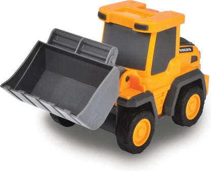 Toy bulldozer with orange and black colors on a white background