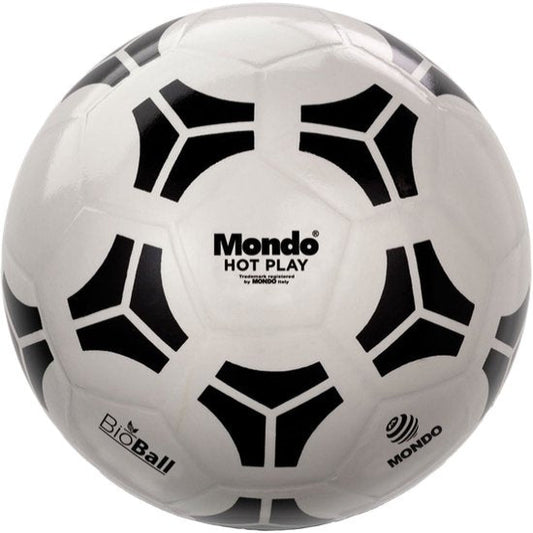 White soccer ball with black hexagonal patterns and Mondo branding on a white background