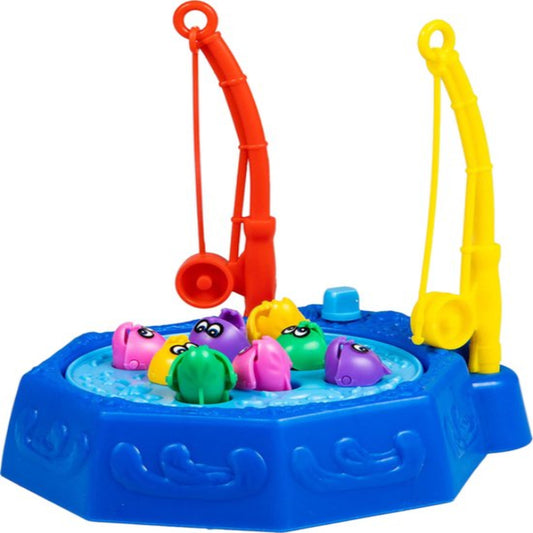 Colorful toy fishing game with pegs and hooks on a white background