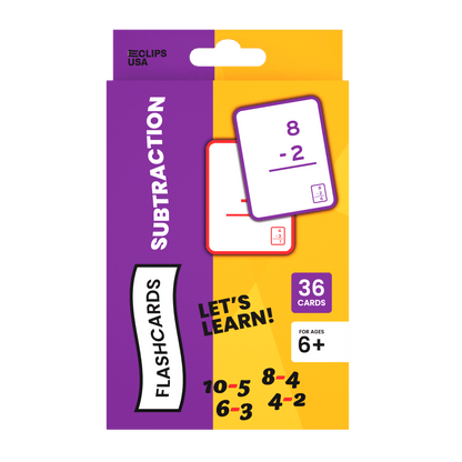 Flashcard packaging for subtraction with purple and yellow design