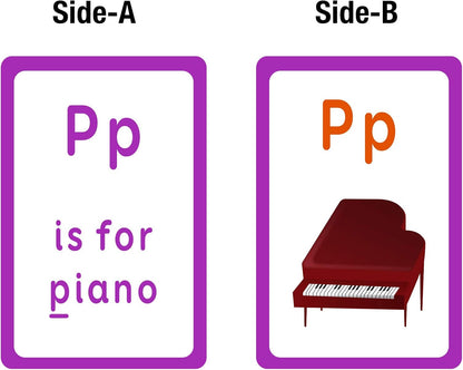 Two educational flashcards showing the letter 'P' and a piano illustration.