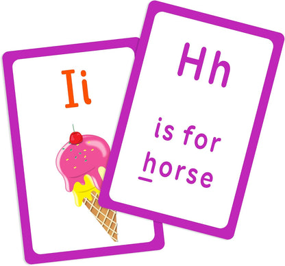 Two educational flashcards with letters I and H, one featuring an ice cream cone and the other with text.