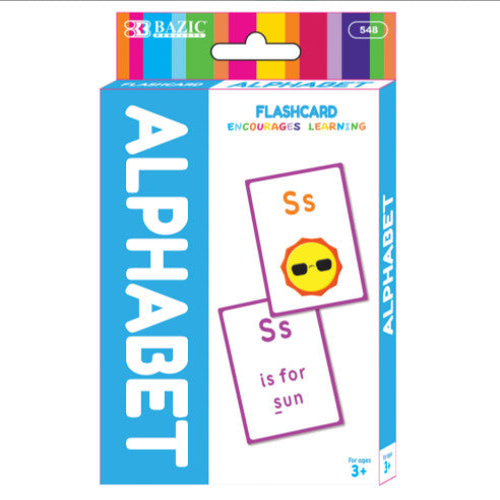 Bazic Alphabet Flashcard packaging with two cards showing 'S' is for sun on a white background.