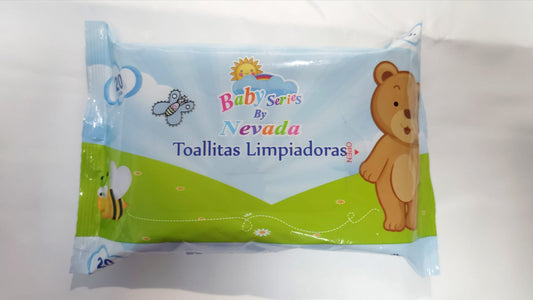 Packaging for baby wipes featuring a bear illustration and the text 'Baby Series by Nevada' along with a depiction of a sun and clouds, indicating a soothing, playful design for children.