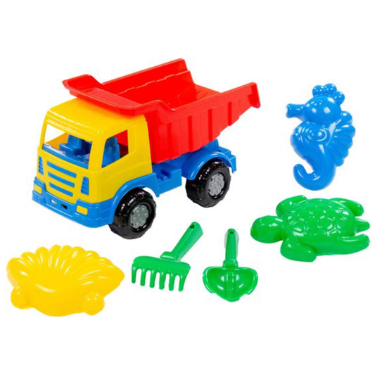 Colorful toy dump truck with sand toys on a white background